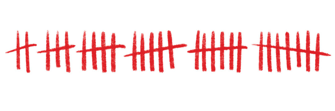 Tally marks with blood-red slash. Hand-drawn cross slashes form with grunge texture for count tracker