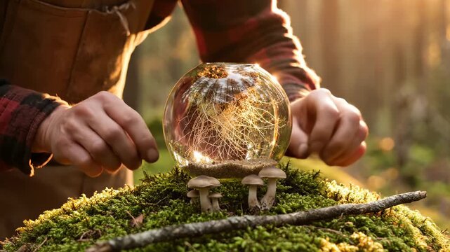 Man hands hold glass sphere with roots in forest. Glass ball sits on green moss near mushrooms. Roots grow inside transparent sphere. Nature ecology concept in sunny woods. Hands protect fresh green