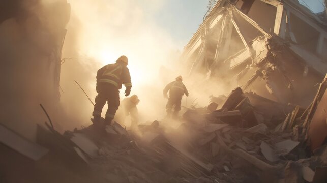 Brave firefighters searching for survivors amidst the rubble of a collapsed building, demonstrating courage and resilience in the face of a devastating earthquake
