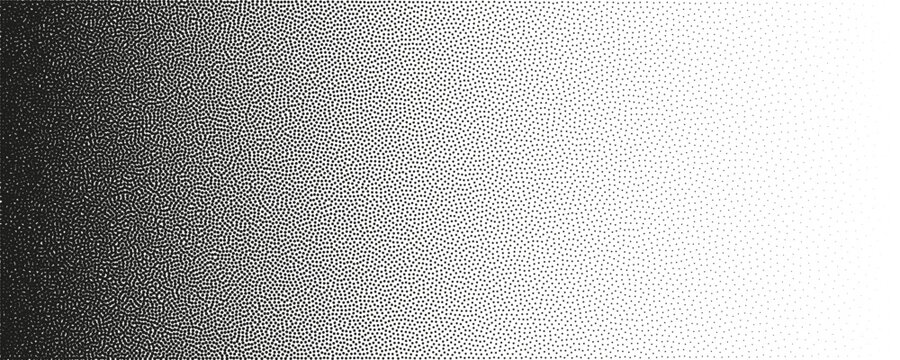 Monochromatic grainy horizontal transition with gritty stipple effect. Black sand particles on white background creating rough halftone gradation.