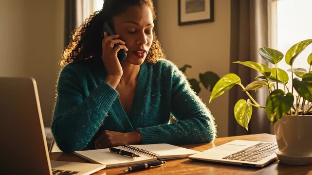 Woman talks on phone at home office desk. Serious woman holds phone by laptop. Female freelancer talking on phone works. Woman sits at desk with laptop. Person on phone call checks open notebook.