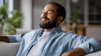 Obraz premium Smiling bearded man relaxing on a sofa feeling happy and content at home, male self-care lifestyle, weekend relaxation concept, defocused interior background, with copy space