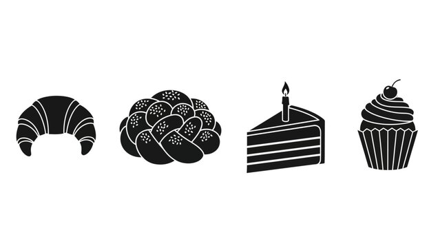 Bakery Icons: Croissant, Challah Bread, Cake Slice, Cupcake