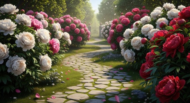 A garden path lined with pink and white peonies, leading to a gate in a lush green garden.