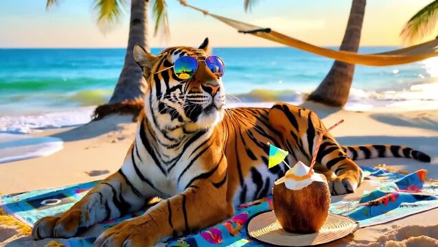 Detailed Bengal Tiger Lounging on its Back on White Sand with Aviator Glasses and a Tropical Drink - 8K Quality