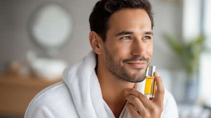 Fototapeta premium Man applying fragrance as part of a daily skincare and self-care ritual, male grooming lifestyle, morning routine concept, defocused background, with copy space