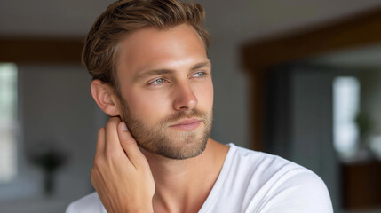 Obraz premium Man admiring his reflection while engaging in a self-care routine at home, grooming lifestyle, wellness at home concept, defocused background, with copy space