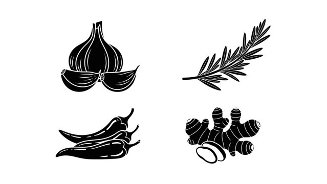 Garlic, Chili Peppers, Rosemary, and Ginger Icons - Black and White Food Ingredients