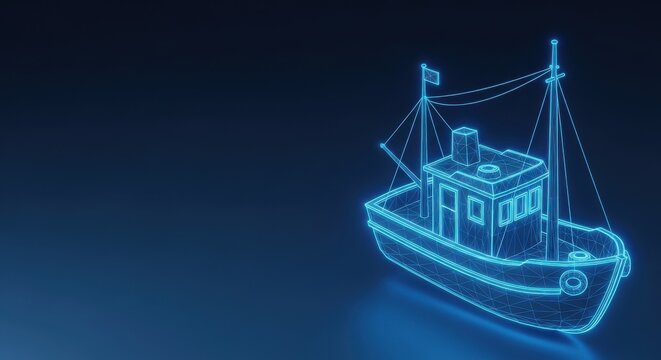 A digital wireframe fishing trawler emitting a neon blue glow against a dark, abstract background