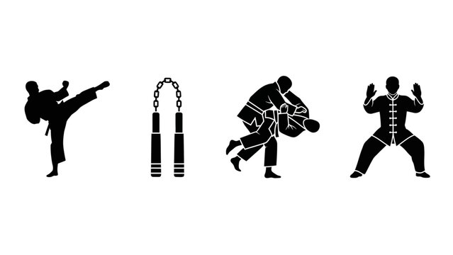 Martial Arts Icons: Karate, Nunchaku, Judo, Kung Fu Poses