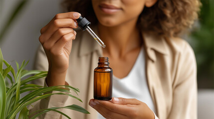 Fototapeta premium Faceless close-up of female hands holding a glass dropper above an amber cosmetic bottle, minimalist skincare serum concept, natural beauty products, wellness lifestyle, with copy