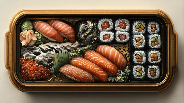 Aesthetic sushi bento box with artistic presentation, balanced composition