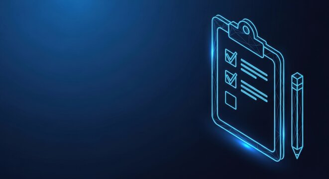 A neon blue checklist outline on a clipboard, representing completion of tasks and organized planning