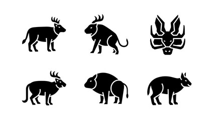 Obraz premium Set of Black Animal Icons: Deer, Bison, Wildebeest, and Stylized Head