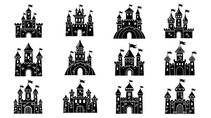 Obraz premium Set of Black Castle Icons: Fantasy Fairytale Buildings Collection