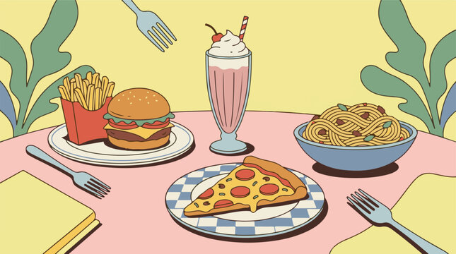 Vibrant table setting with various popular comfort foods and a milkshake
