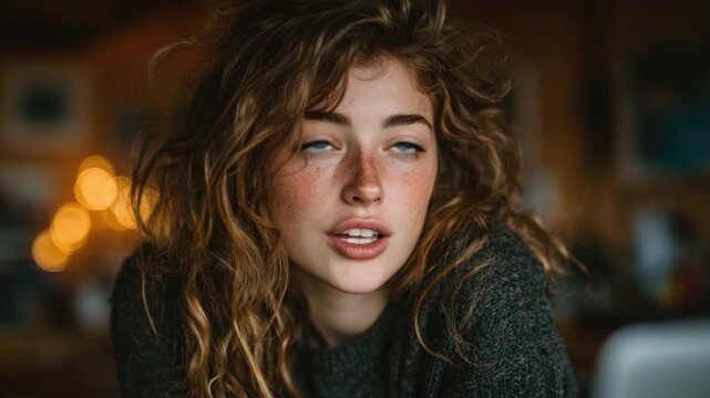 Mysterious Gaze: A captivating woman with a mesmerizing expression, her eyes partially closed, her hair a cascade of curls. She embodies quiet confidence and effortless beauty.