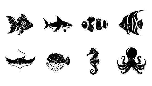 Set of Marine Life Icons: Goldfish, Shark, Clownfish, Angelfish, Stingray, Pufferfish, Seahorse, Octopus