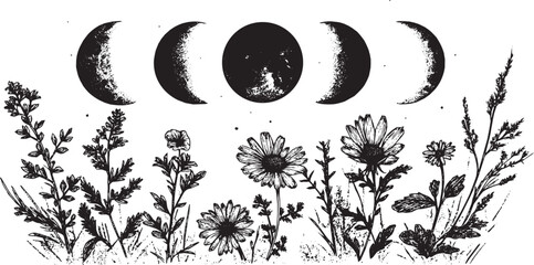 Vertically arranged moon phases surrounded by delicate wildflowers, tattoo stencil design, vector illustration © PanzaDesign