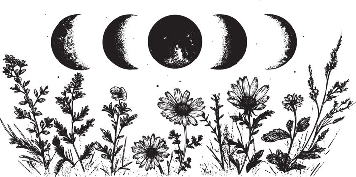 Vertically arranged moon phases surrounded by delicate wildflowers, tattoo stencil design, vector illustration