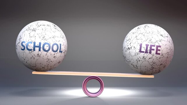 School and life in balance - balancing stones on a scale symbolizing harmony, equity and equilibrium between school and life. Harmonious and beneficial situation.