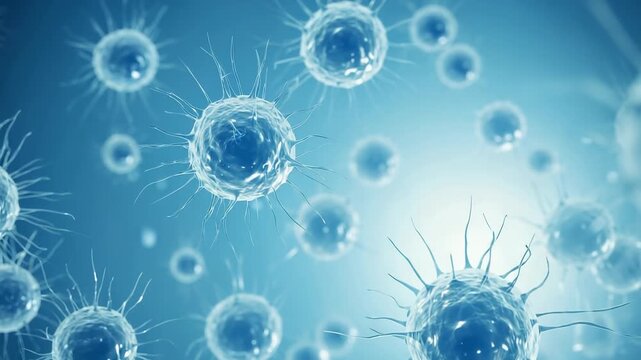 Membrane bound cells with visible organelles vibrating gently and moving in fluid microscopic environment. Live cell observation concept
