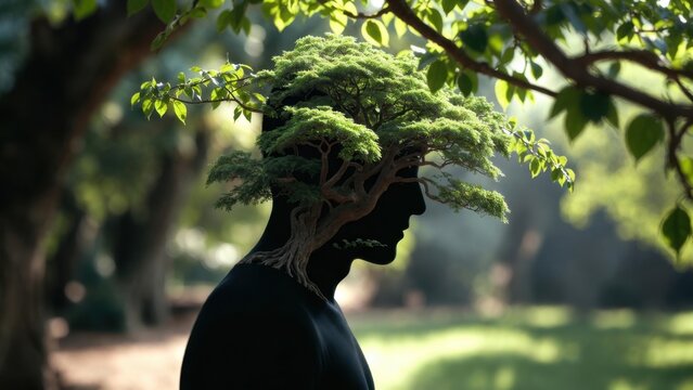 Side profile silhouette with tree integrated as hair in park