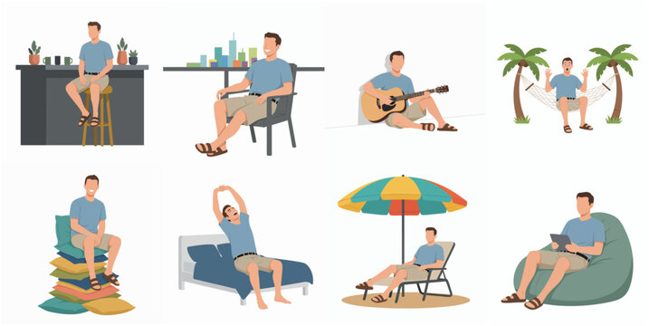 Flat Illustration Set of Man Relaxing in Different Indoor and Outdoor Activities