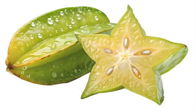 Starfruit sliced and whole isolated on white background, carambola tropical fruit, fresh organic food ingredient, healthy exotic snack, vibrant nutrition concept