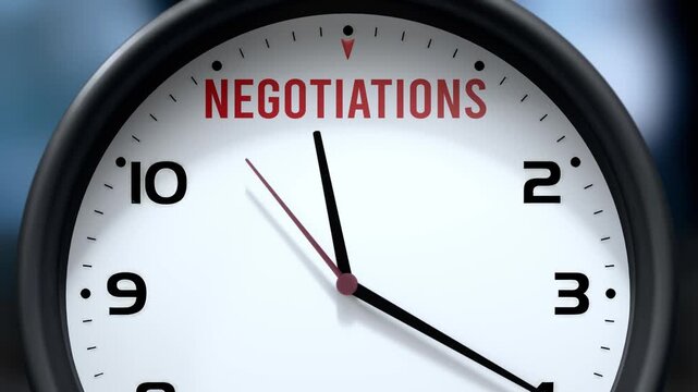 Negotiations that is going to happen soon. Upcoming negotiations, approaching in the near future. Negotiations almost here, in a short time - a clock symbolizes a reminder that negotiations is near.