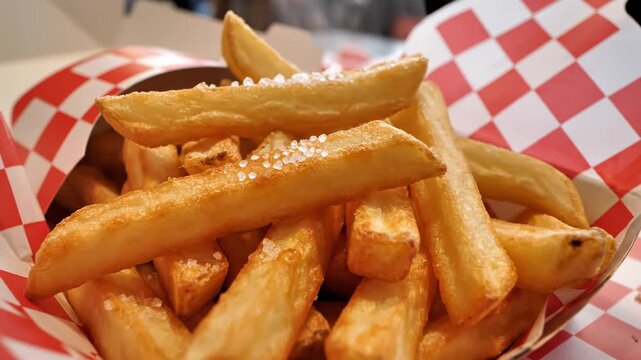 Fries served in red paper basket with salt and ketchup highlights fries as axis, appearing as french fries, crispy fries, and fastfood fries for unhealthy snack, quick lunch