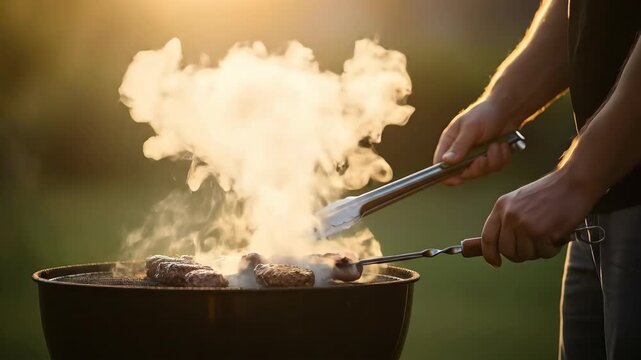 Barbecue grill cooking meat outdoors in warm sunlight