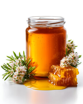 Surrounding the base of the jar are fresh Manuka tree flowers (small white or pink blossoms) and a few pieces of natural honeycomb dripping with honey. 