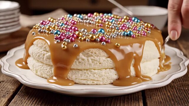 Cake covered with caramel glaze and colorful sprinkles on white plate highlights cake as main word, repeated with caramel cake, sweet cake, and layer cake for unhealthy dessert, holiday treat