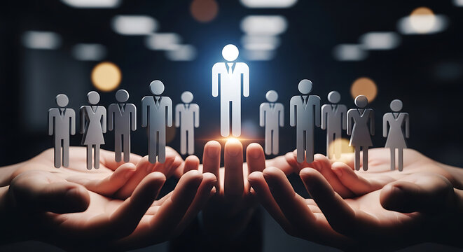 A Guiding Light Hands Gently Support a Diverse Group of Human Figures, Highlighting a Central Glowing Leader Representing Talent, Recognition, and Human Resources Management