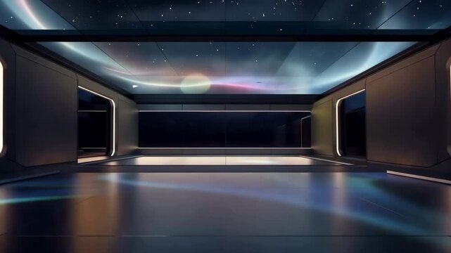 Futuristic sci fi interior in cinematic style with neon blue tones representing empty spaceship room with panoramic space view and stars