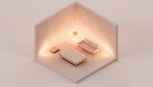 Showing hexagon bedroom vignette centered on pale base, with platform bed, sofa, lamp, uplighting