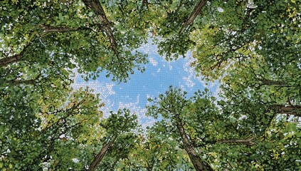 Fototapeta premium Reaching tall trunks fanning inward toward sky opening in leafy canopy, with mosaic sunlight