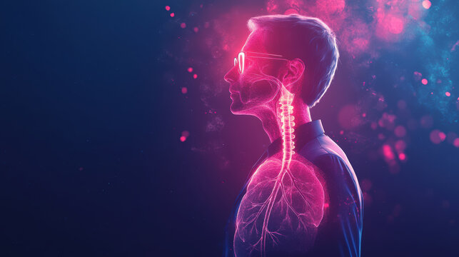 Abstract pulmonary system glowing softly with human respiratory anatomy and spine in profile view, medical concept with calm mood