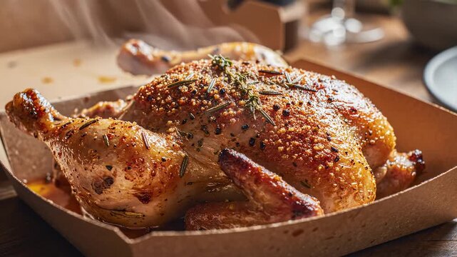 Whole roasted chicken with crispy seasoned skin and herbs in takeaway box highlights chicken as focus, repeated with roasted chicken, fried chicken, and whole chicken for unhealthy meal