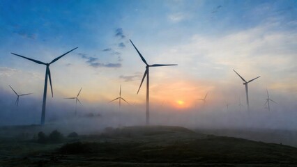 Obraz premium Wind turbines rising through morning mist on rolling hill