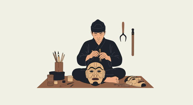 Artisan crafting traditional Korean mask with tools.