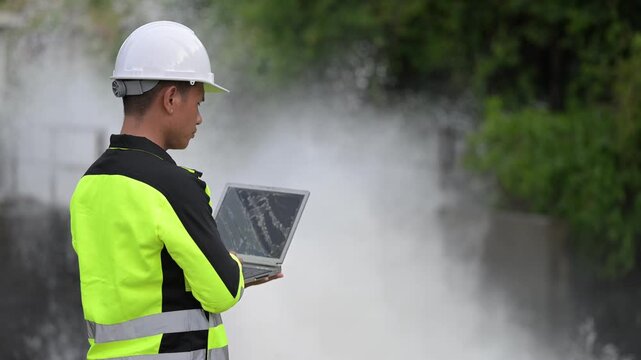 Hydraulic engineers monitor a massive dam water release via spillway gates. Focus on irrigation management, hydroelectric power safety, and flood control infrastructure by technical experts.