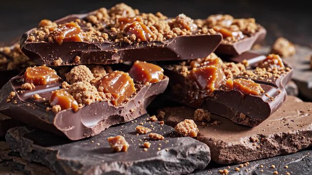 Chocolate bars with caramel chunks and crumbled biscuit on dark background highlight chocolate as core word, repeated through chocolate snack, chocolate bar, and sweet chocolate for unhealthy treat