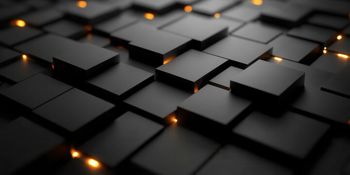 futuristic microchips glowing orange in dramatic macro closeup on dark textured circuit board