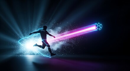 Obraz premium A soccer player strikes a ball with intense neon energy.