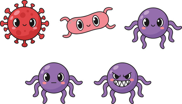 Cute cartoon virus characters set colorful bacteria microbes smiling and angry germs icons biology science vector illustration isolated on white background