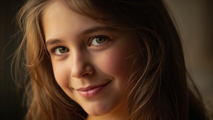 Naklejka premium Looking girl with long brown hair showing freckles, eyelashes and catchlights in window-lit room