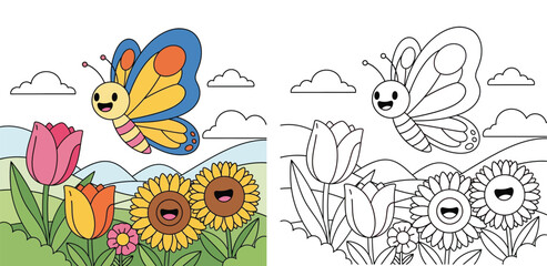 Fototapeta premium Cute Cartoon Butterfly Flying Over a Sunflower and Tulip Garden, Color and Line Art Versions for Kids Coloring Book Vector Illustration