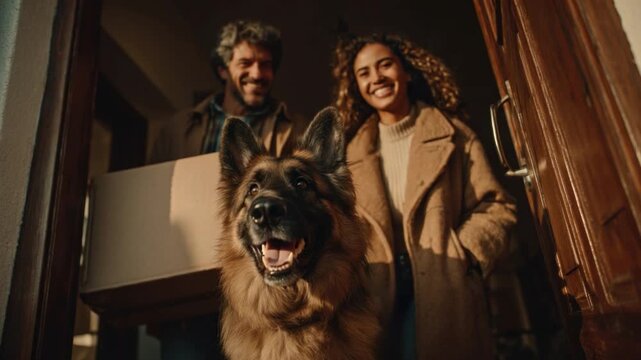Welcoming a New Chapter: A cheerful couple and their loyal dog step into their new house, symbolising new life. 